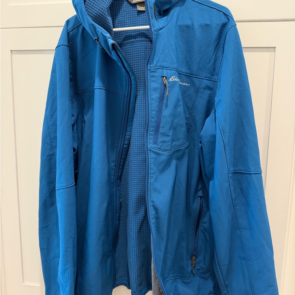 Eddie Bauer Men's Vibrant Blue grid fleece lined softshell tech face Jacket tall